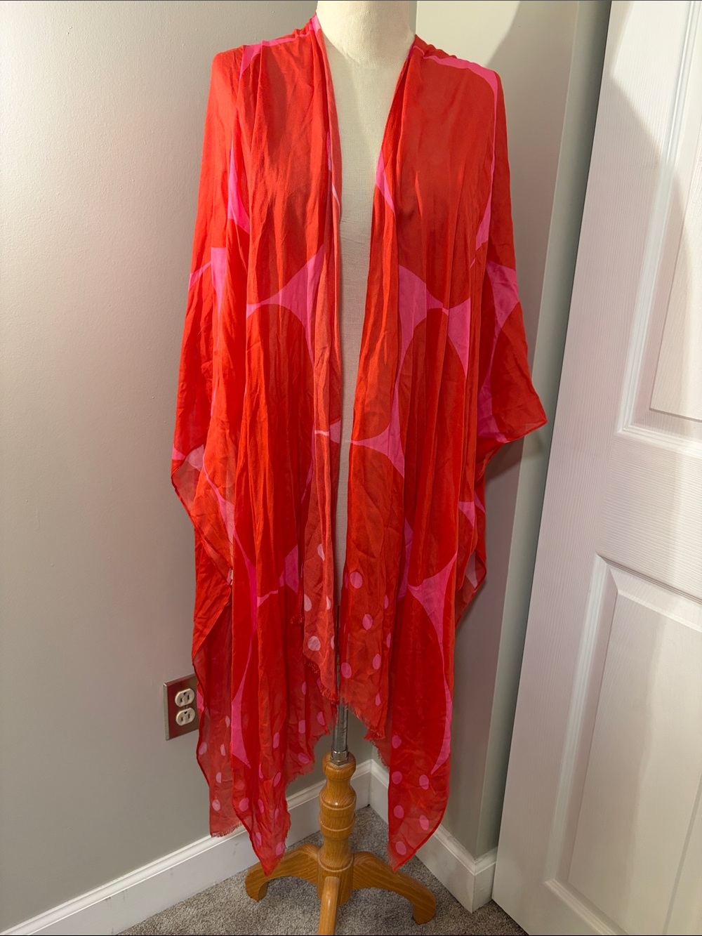 Kate Spade Red & Pink Polka Dot Ruana Wrap Open Front Shawl Scarf